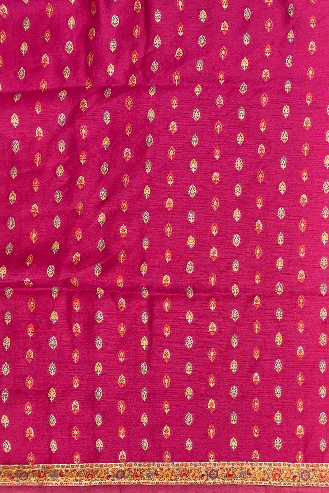 Redish Pink Pure Kani Handloom Silk Saree With Floral Woven Unstich Blouse