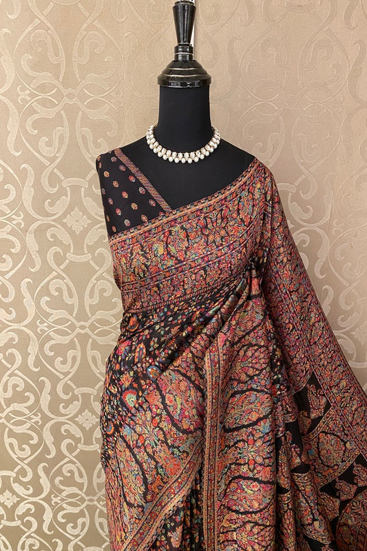 Black Pure Kani Handloom Silk Saree With Floral Woven Unstich Blouse