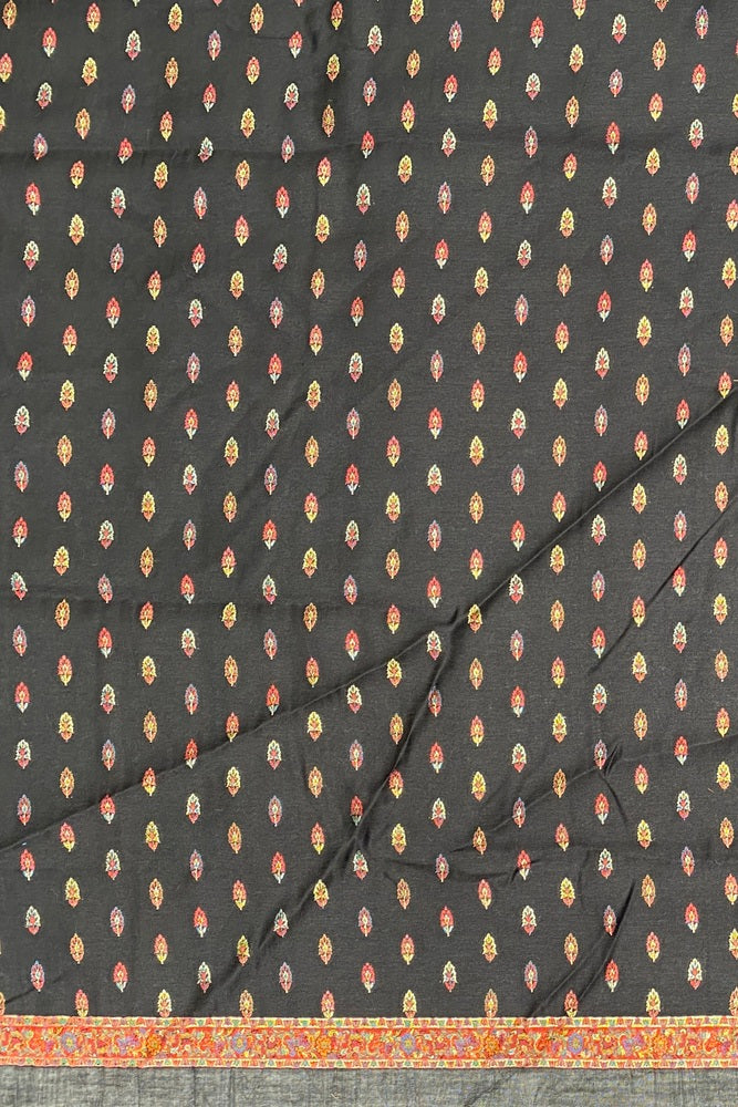 Black Pure Kani Handloom Silk Saree With Floral Woven Unstich Blouse