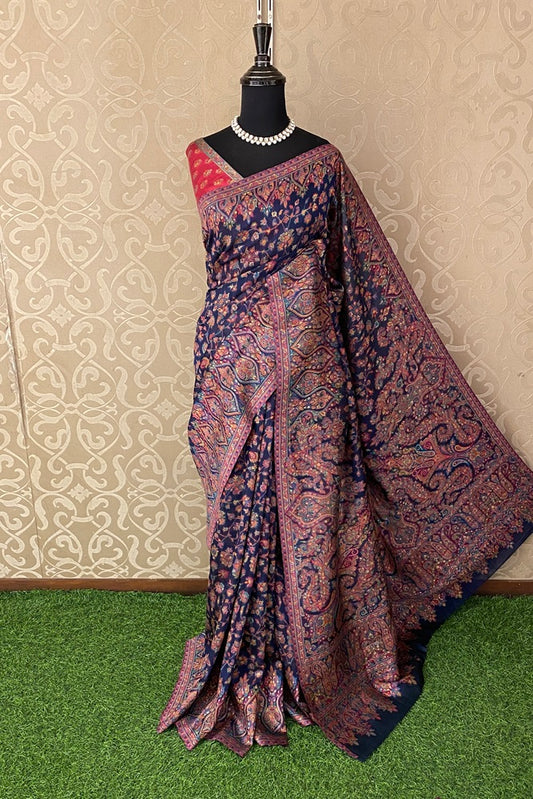 Navy Blue Pure Kani Handloom Silk Saree With Floral Woven Unstich Blouse