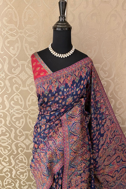 Navy Blue Pure Kani Handloom Silk Saree With Floral Woven Unstich Blouse