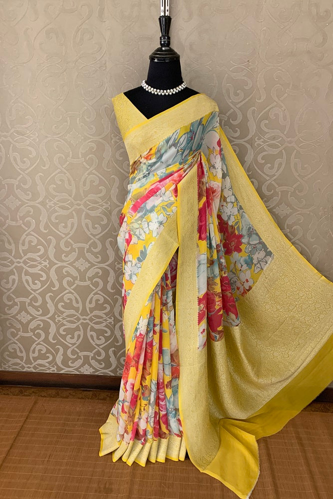 ELEGANT YELLOW GEORGETTE KHADDI FLORAL PATTERN SAREE WITH BANARASI BORDER
