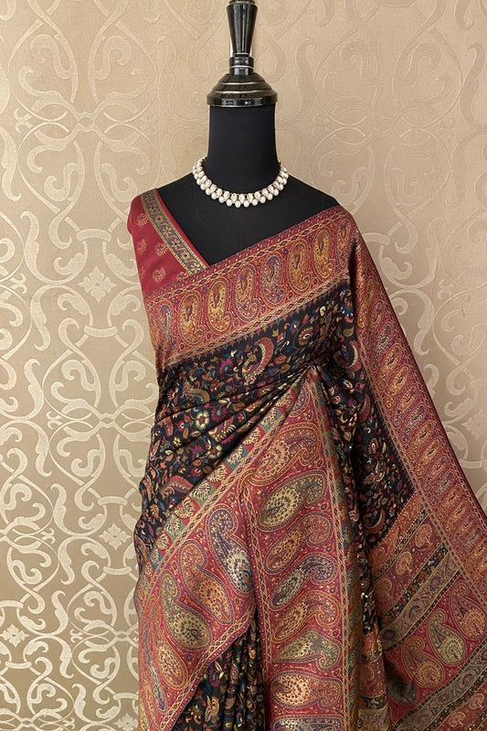 Black Pure Kani Handloom Silk Saree With Floral Woven Unstich Blouse