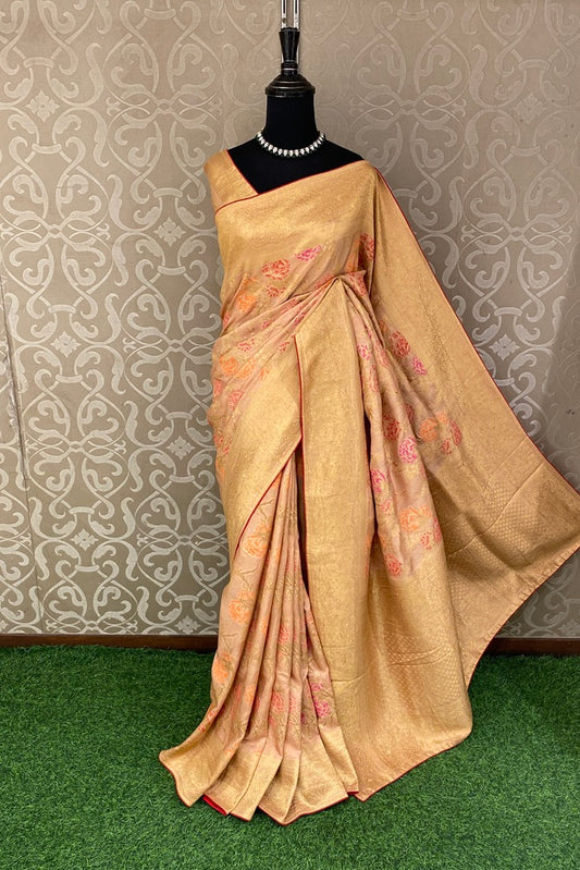 Golden Peach Munga Banarasi Silk Saree, Hand Woven Motifs With Unstich Blouse