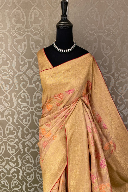 Golden Peach Munga Banarasi Silk Saree, Hand Woven Motifs With Unstich Blouse