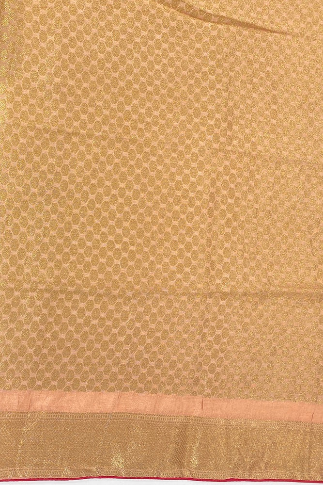 Golden Peach Munga Banarasi Silk Saree, Hand Woven Motifs With Unstich Blouse