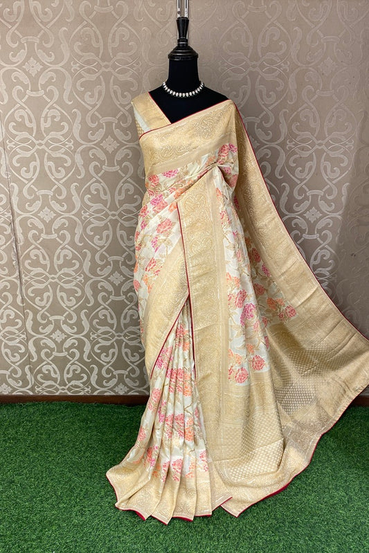 White Munga Banarasi Silk Saree, Hand Woven Motifs With Unstich Blouse