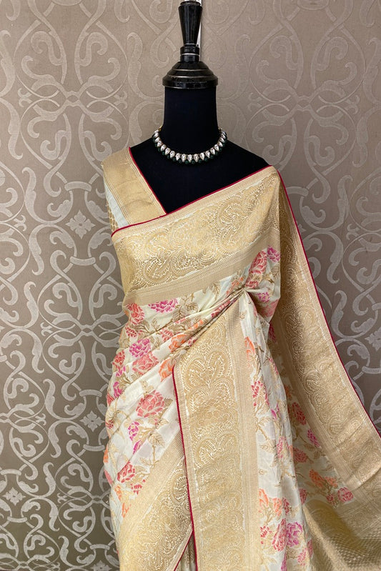 White Munga Banarasi Silk Saree, Hand Woven Motifs With Unstich Blouse