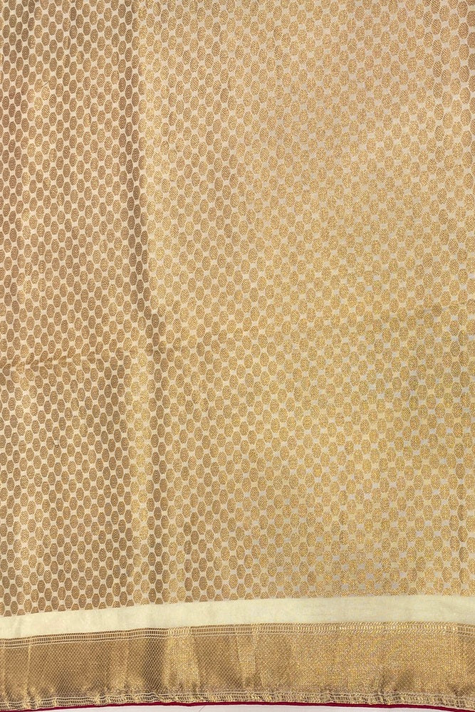 White Munga Banarasi Silk Saree, Hand Woven Motifs With Unstich Blouse