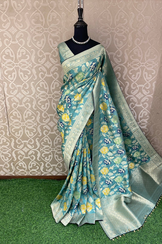 Sea Green Munga Banarasi Silk Saree, Hand Woven Motifs With Unstich Blouse