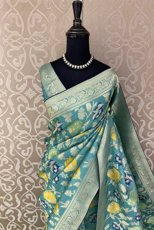 Sea Green Munga Banarasi Silk Saree, Hand Woven Motifs With Unstich Blouse