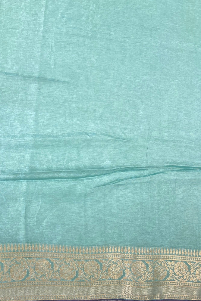 Sea Green Munga Banarasi Silk Saree, Hand Woven Motifs With Unstich Blouse