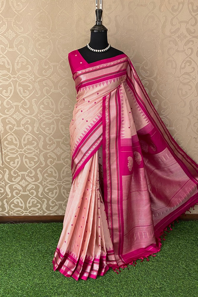 Peach Rani Gadwal Silk Saree With Unstich Contrast Blouse