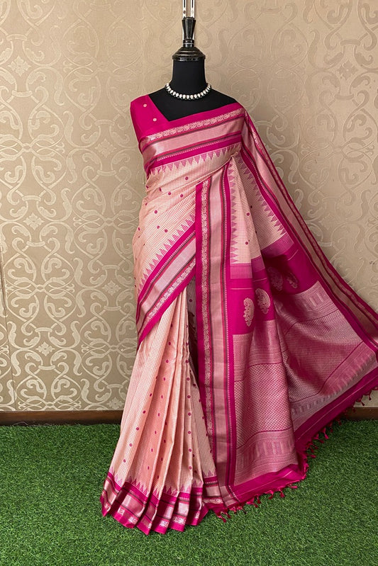 Peach Rani Gadwal Silk Saree With Unstich Contrast Blouse