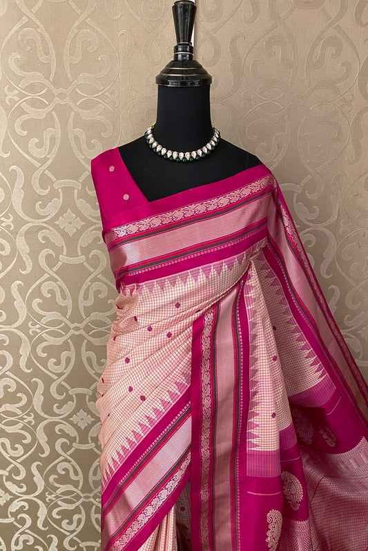 Peach Rani Gadwal Silk Saree With Unstich Contrast Blouse