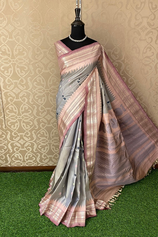 Light Grey Gadwal Silk Saree With Unstich Contrast Blouse