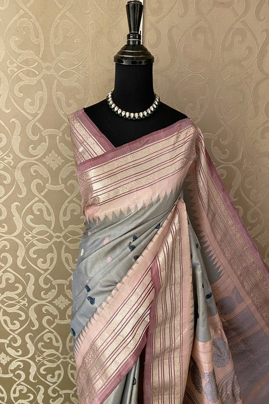 Light Grey Gadwal Silk Saree With Unstich Contrast Blouse