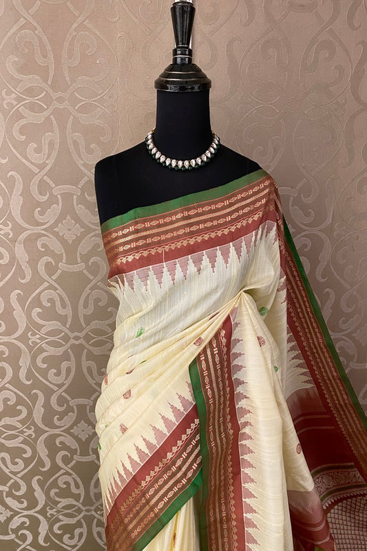 Offwhite Golden Gadwal Silk Saree With Unstich Contrast Blouse