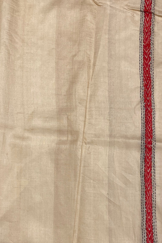 Offwhite Pure Tussar Bengal Kantha Stitch Saree, With Unstitch Blouse.