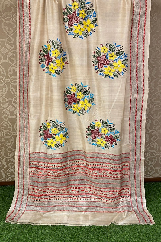 Offwhite Pure Tussar Bengal Kantha Stitch Saree, With Unstitch Blouse.