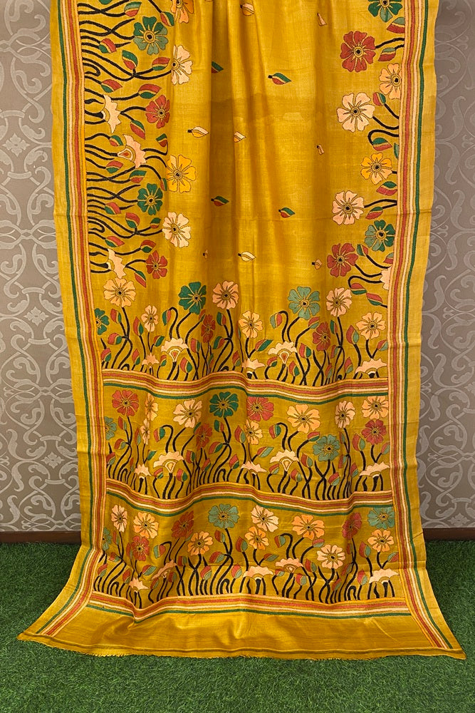 Yellow Pure Tussar Bengal Kantha Stitch Saree, With Unstitch Blouse.