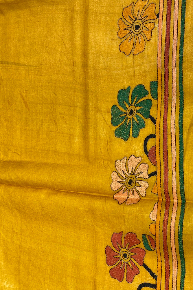 Yellow Pure Tussar Bengal Kantha Stitch Saree, With Unstitch Blouse.