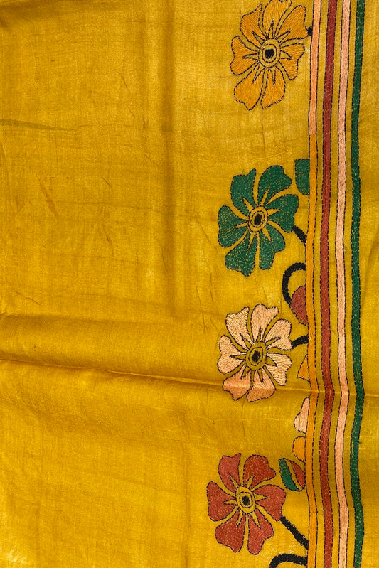 Yellow Pure Tussar Bengal Kantha Stitch Saree, With Unstitch Blouse.