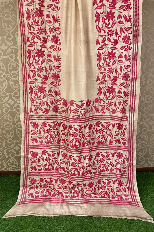 Offwhite Pure Tussar Bengal Kantha Stitch Saree, With Unstitch Blouse.