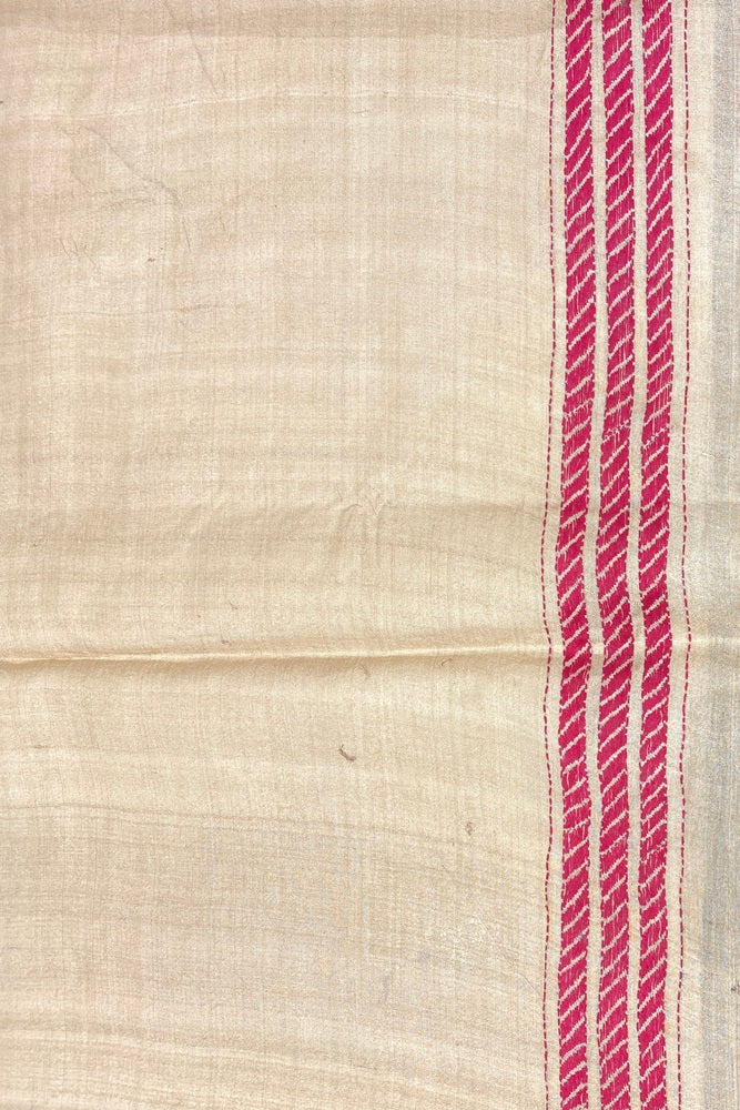 Offwhite Pure Tussar Bengal Kantha Stitch Saree, With Unstitch Blouse.