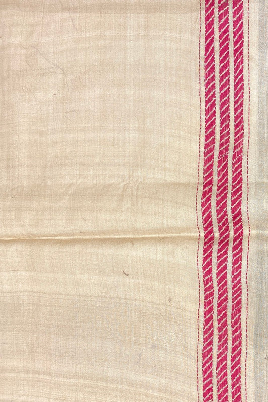 Offwhite Pure Tussar Bengal Kantha Stitch Saree, With Unstitch Blouse.