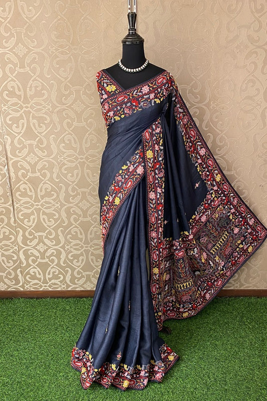 Grey Black Tussar Saree With Lambani Work, With Unstitched Blouse