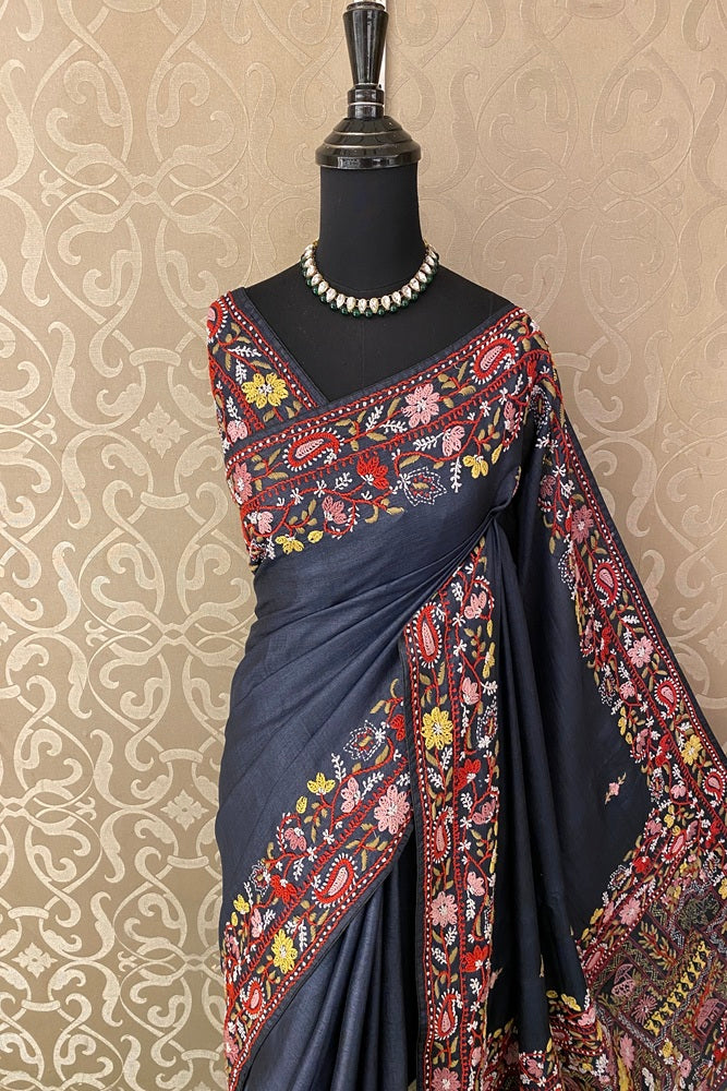 Grey Black Tussar Saree With Lambani Work, With Unstitched Blouse