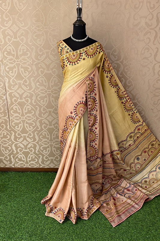 Peach Yellow Tussar Saree With Lambani Work, With Unstitched Blouse
