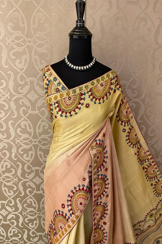 Peach Yellow Tussar Saree With Lambani Work, With Unstitched Blouse