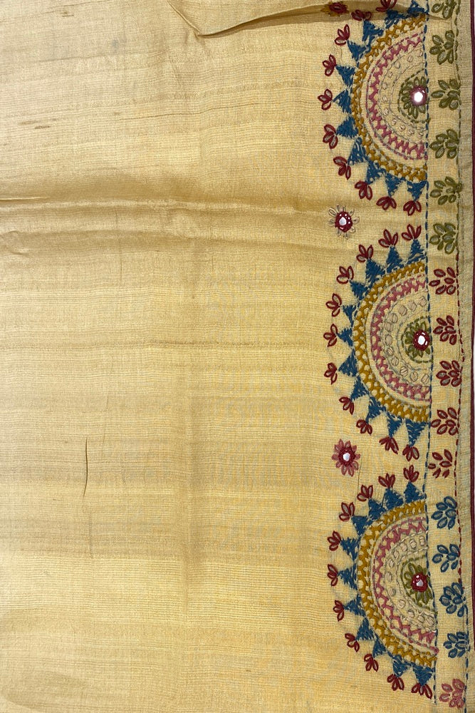 Peach Yellow Tussar Saree With Lambani Work, With Unstitched Blouse