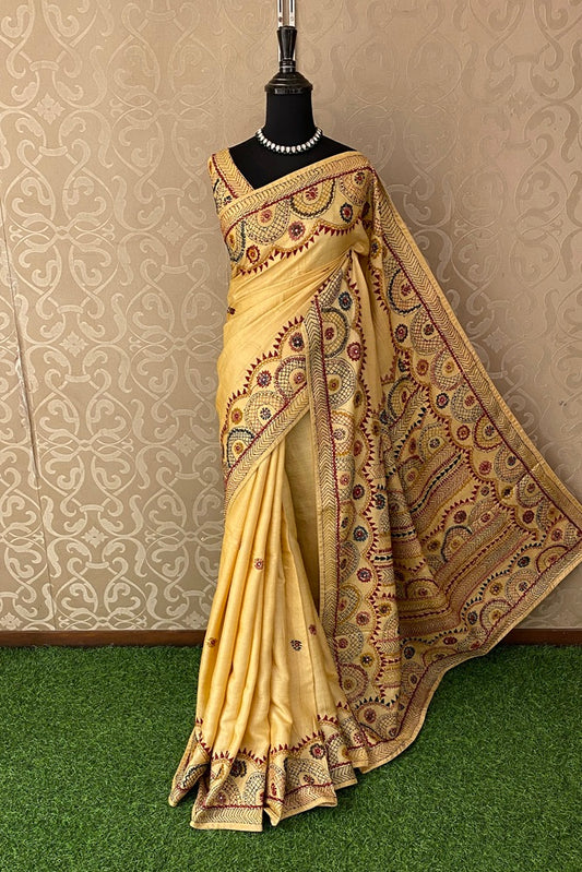 Lemon Yellow Tussar Saree With Lambani Work, With Unstitched Blouse