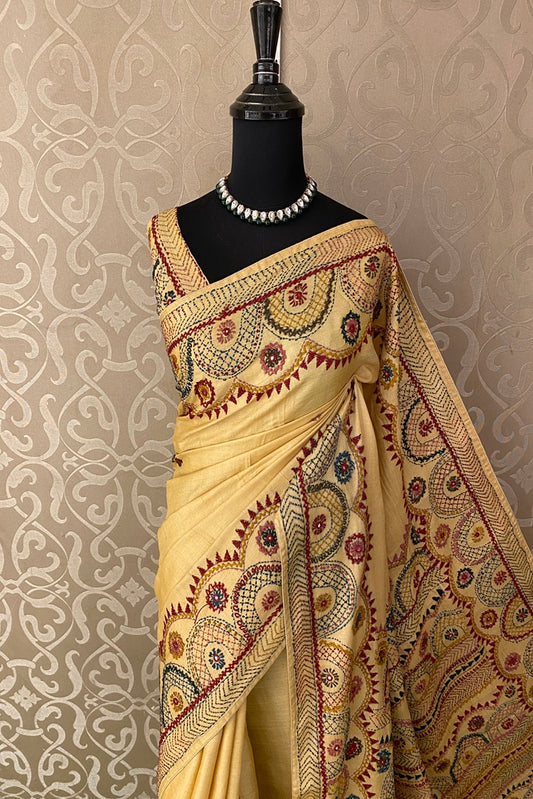 Lemon Yellow Tussar Saree With Lambani Work, With Unstitched Blouse