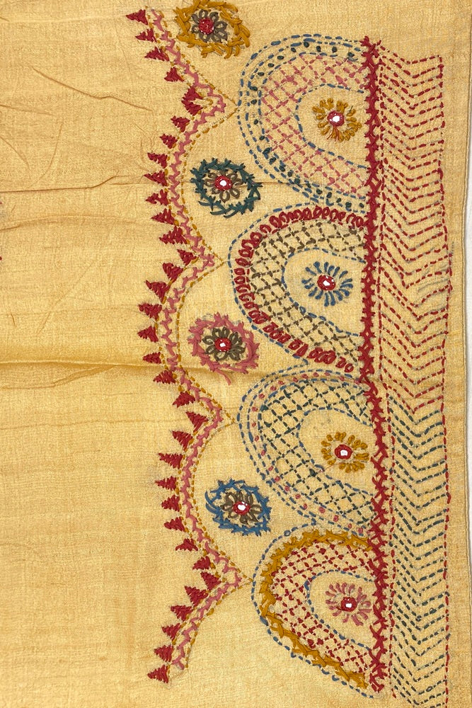 Lemon Yellow Tussar Saree With Lambani Work, With Unstitched Blouse