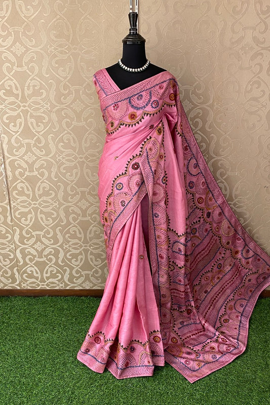 Pink Tussar Saree With Lambani Work, With Unstitched Blouse