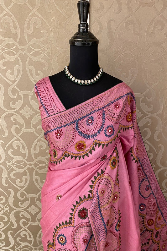 Pink Tussar Saree With Lambani Work, With Unstitched Blouse