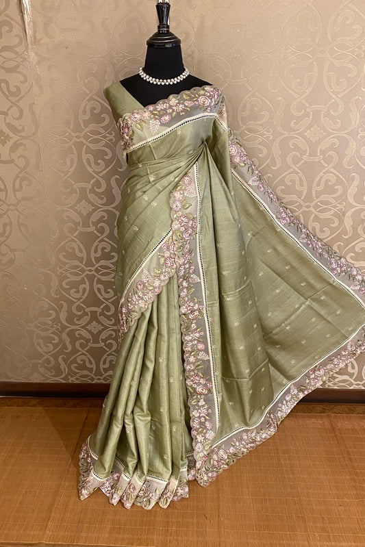 Olive Green Tussar Embroidery Saree With Patch Work Border, With Unstitched Blouse