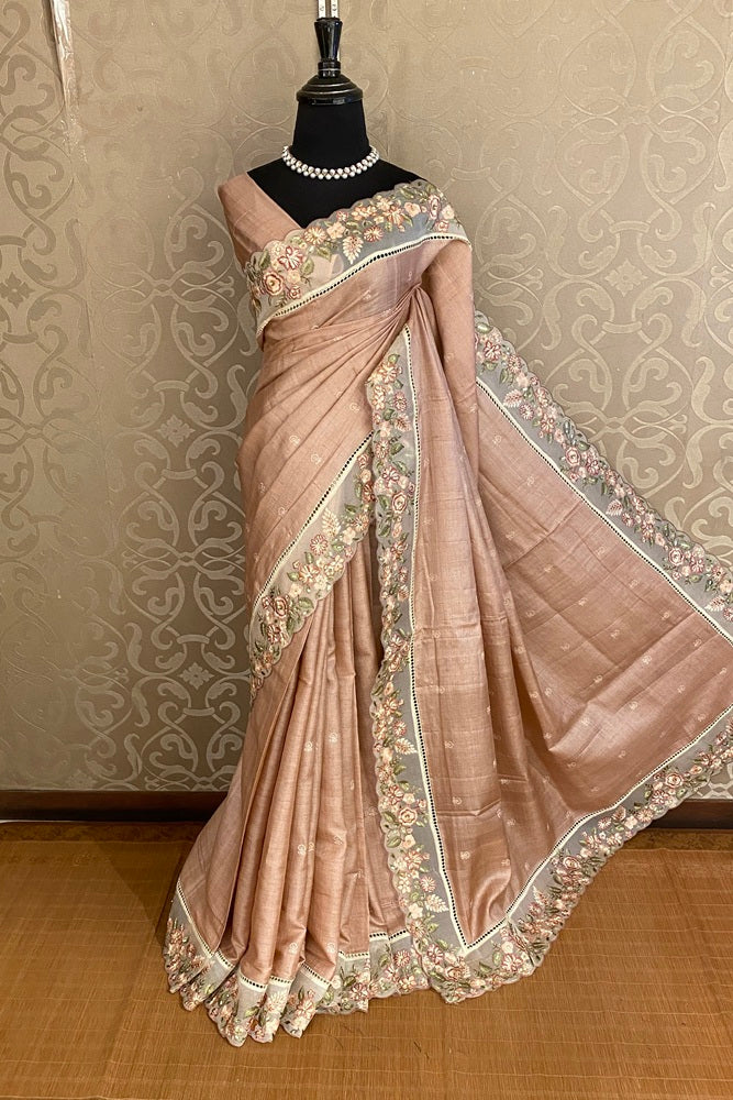 Peach Tussar Embroidery Saree With Patch Work Border, With Unstitched Blouse
