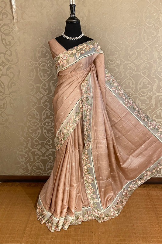Peach Tussar Embroidery Saree With Patch Work Border, With Unstitched Blouse