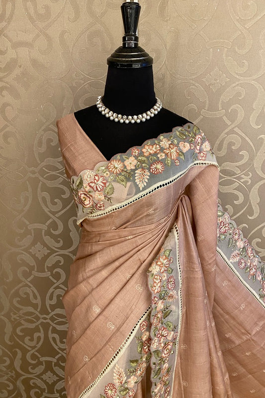 Peach Tussar Embroidery Saree With Patch Work Border, With Unstitched Blouse
