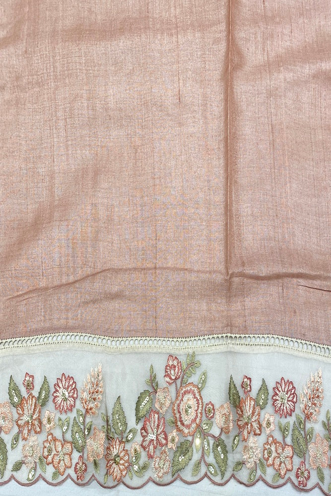Peach Tussar Embroidery Saree With Patch Work Border, With Unstitched Blouse