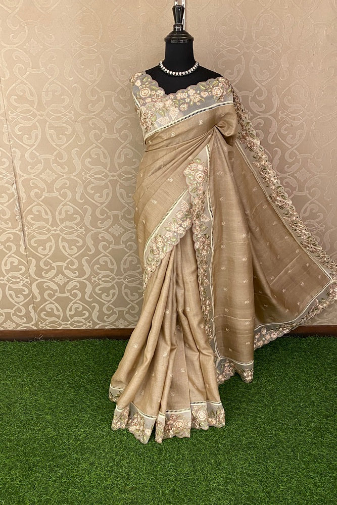 Beige Tussar Embroidery Saree With Patch Work Border, With Unstitched Blouse