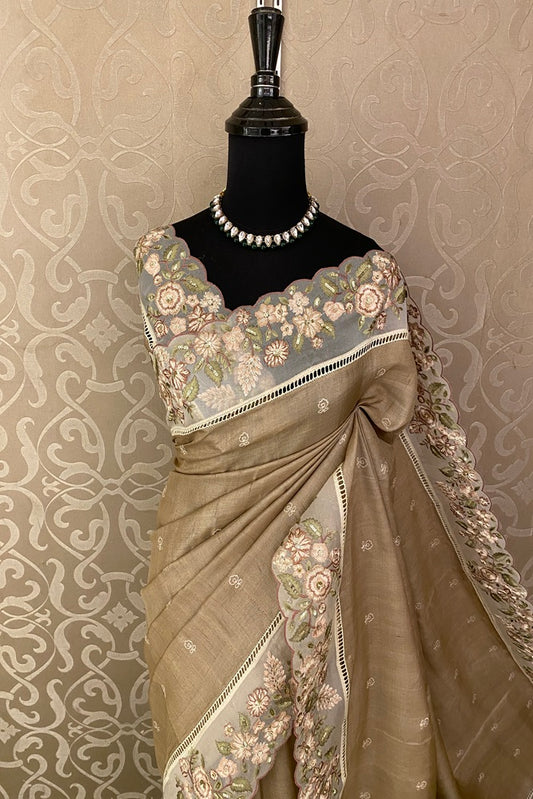 Beige Tussar Embroidery Saree With Patch Work Border, With Unstitched Blouse