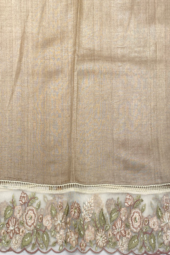Beige Tussar Embroidery Saree With Patch Work Border, With Unstitched Blouse