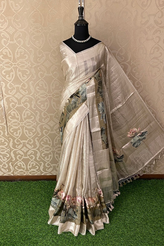 Ivory Pure Tissue Banarasi Saree Organza Border, With Unstich Blouse