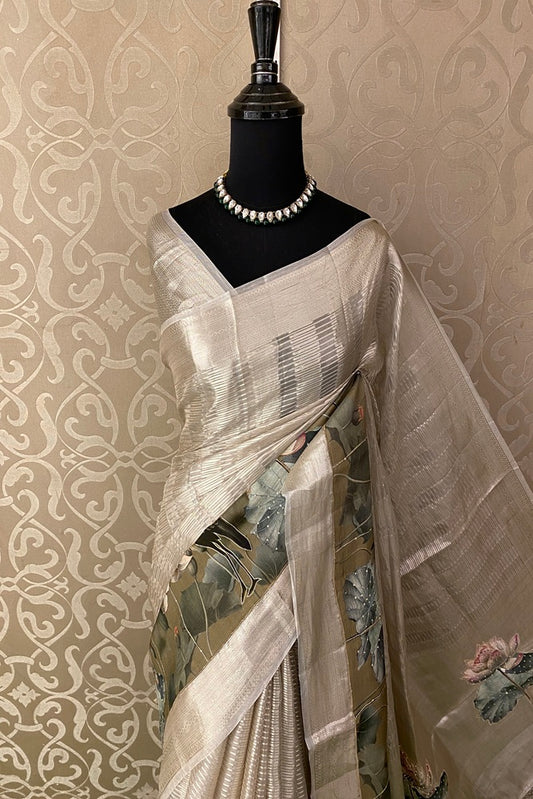 Ivory Pure Tissue Banarasi Saree Organza Border, With Unstich Blouse